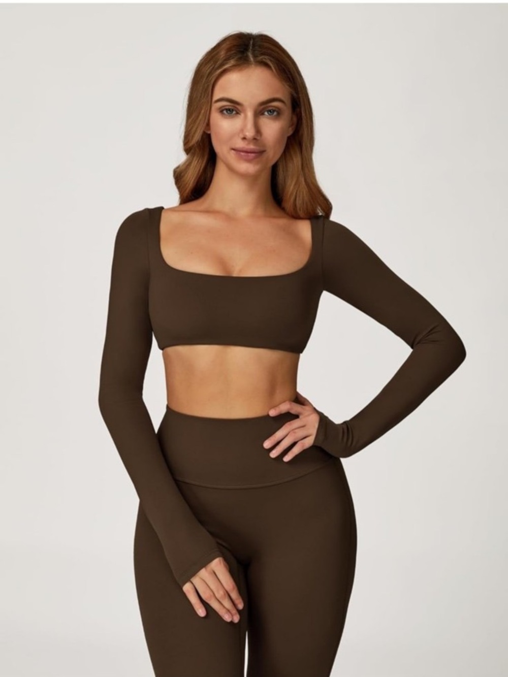 Long Sleeve Scoop Neck Crop Top and Scrunch Booty Flares Set - Mocha Brown